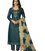Women's teal blue unstitched hand work modal cotton dress material 