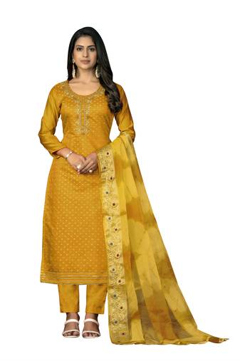 Women's mustard unstitched hand work modal cotton dress material 