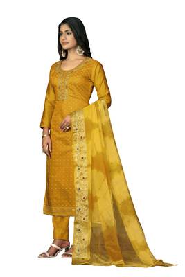Women's mustard hand work modal cotton dress material 2