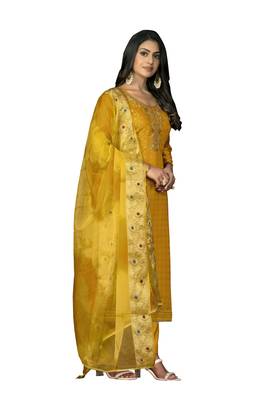 Women's mustard hand work modal cotton dress material 4