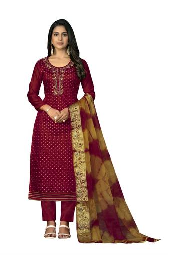 Women's magenta unstitched hand work modal cotton dress material 