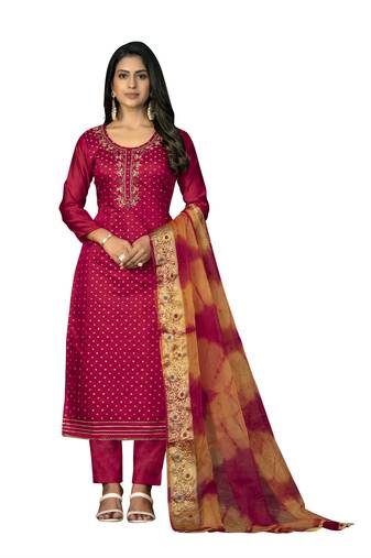 Women's pink unstitched hand work modal cotton dress material 