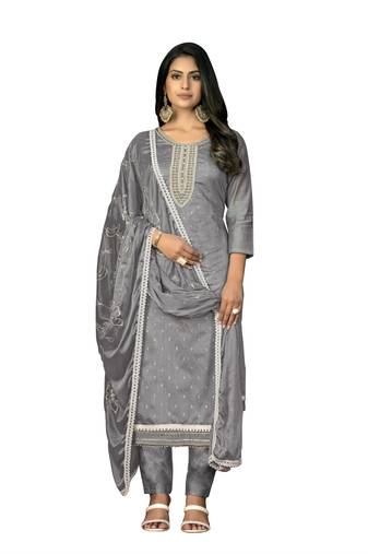 Women's grey unstitched hand work modal cotton dress material 