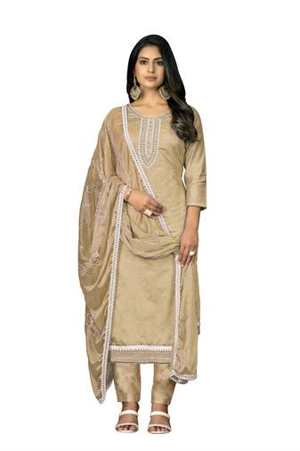 Women's beige unstitched hand work modal cotton dress material 