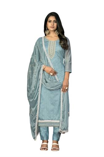 Women's teal blue unstitched hand work modal cotton dress material 