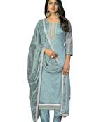 Women's teal blue unstitched hand work modal cotton dress material