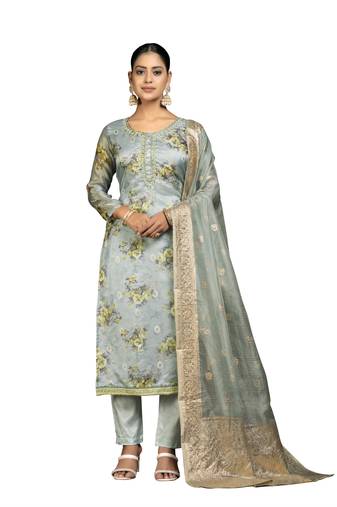 Women's grey unstitched digital print organza dress material 