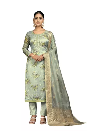 Women's sea green unstitched digital print organza dress material 