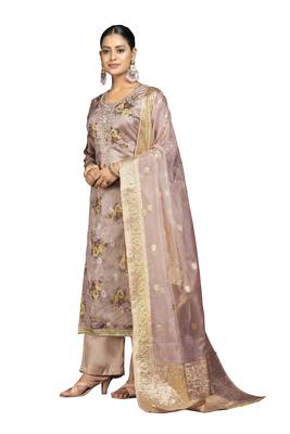 Women's light brown digital print organza dress material 2