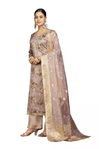 Women's light brown digital print organza dress material