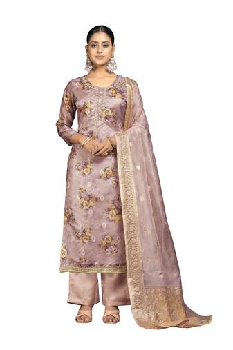 Women's rose gold unstitched digital print organza dress material 