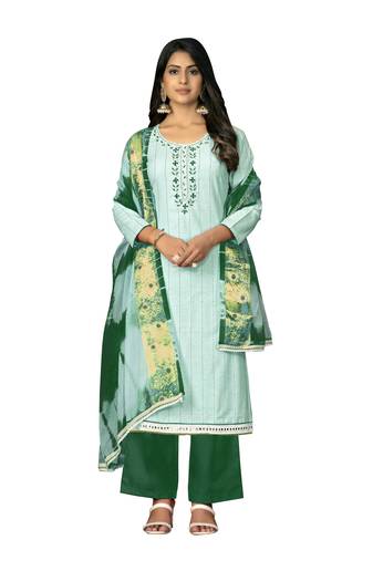 Women's sea green unstitched hand work cembric cotton dress material 