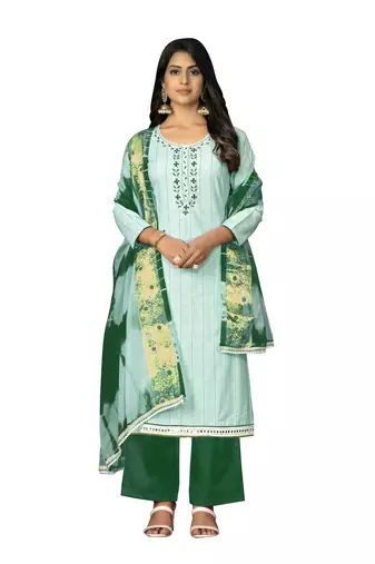 Women's sea green unstitched hand work cembric cotton dress material 