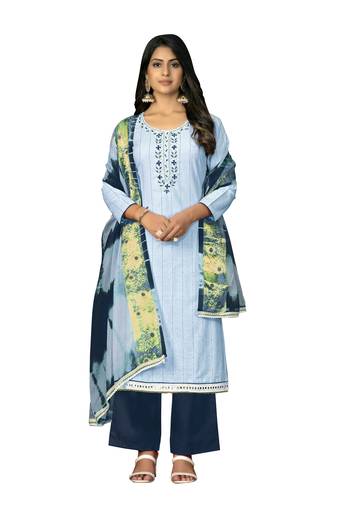Women's teal blue unstitched hand work cembric cotton dress material 