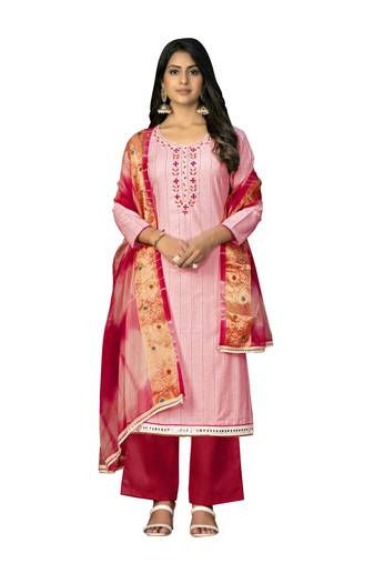 Women's peach unstitched hand work cembric cotton dress material 