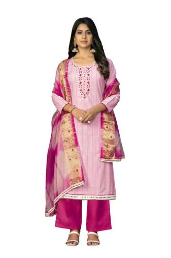 Women's baby pink unstitched hand work cembric cotton dress material 