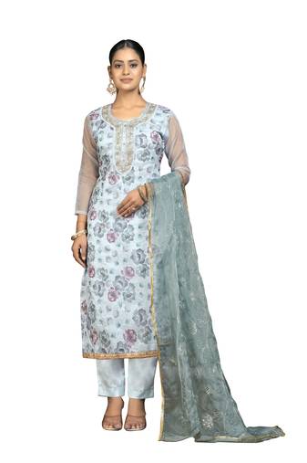 Women's light blue unstitched position print organza dress material 