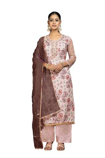Women's light peach unstitched position print organza dress material 