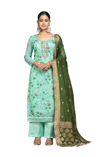 Women's sea green unstitched digital print organza dress material 