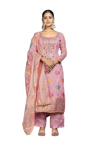 Women's pink unstitched banarasi jari weaving work organza jacquard dress material 