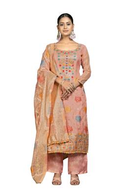Women's peach banarasi jari weaving work organza jacquard dress material 1