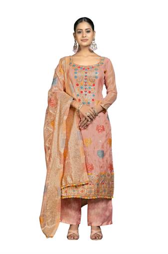 Women's peach unstitched banarasi jari weaving work organza jacquard dress material 