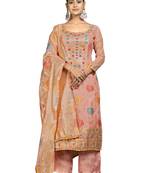 Women's peach unstitched banarasi jari weaving work organza jacquard dress material