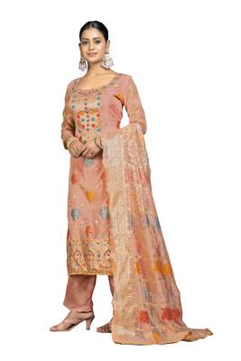 Women's peach banarasi jari weaving work organza jacquard dress material 2