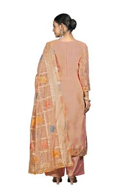 Women's peach banarasi jari weaving work organza jacquard dress material 3