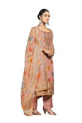 Women's peach banarasi jari weaving work organza jacquard dress material 4