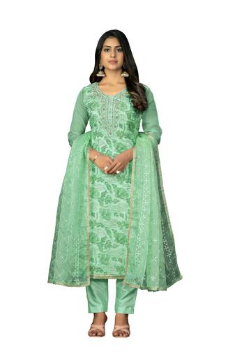 Women's green unstitched position print organza dress material 