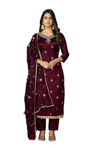Women's maroon unstitched banarasi jari weaving work organza jacquard dress material 