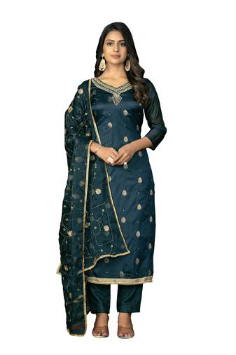 Women's teal blue unstitched banarasi jari weaving work organza jacquard dress material 