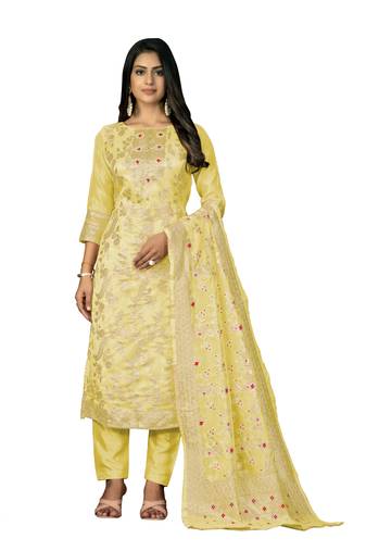 Women's yellow unstitched banarasi jari weaving work banarasi jacquard dress material 