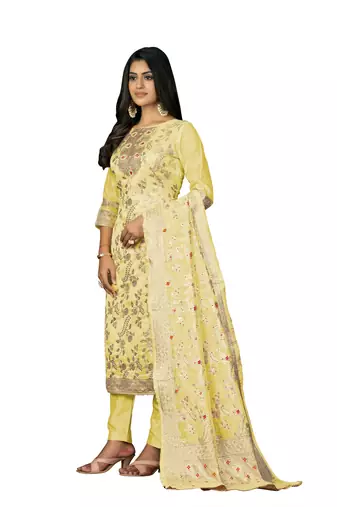 Women's yellow banarasi jari weaving work banarasi jacquard dress material