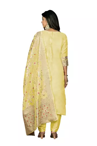 Women's yellow banarasi jari weaving work banarasi jacquard dress material