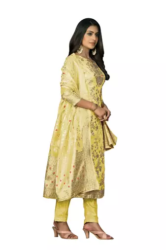 Women's yellow banarasi jari weaving work banarasi jacquard dress material