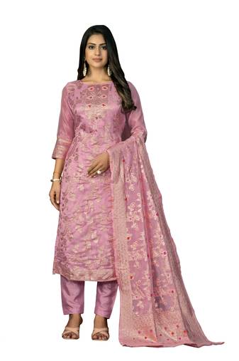 Women's pink unstitched banarasi jari weaving work banarasi jacquard dress material 