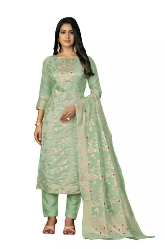 Women's sea green unstitched banarasi jari weaving work banarasi jacquard dress material 