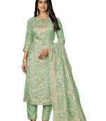 Women's sea green unstitched banarasi jari weaving work banarasi jacquard dress material 