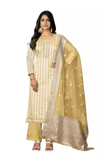 Women's yellow unstitched banarasi jari weaving work cotton jacquard dress material 