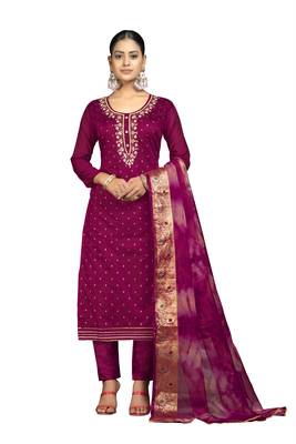 Women's magenta banarasi jari weaving work cotton jacquard dress material 1