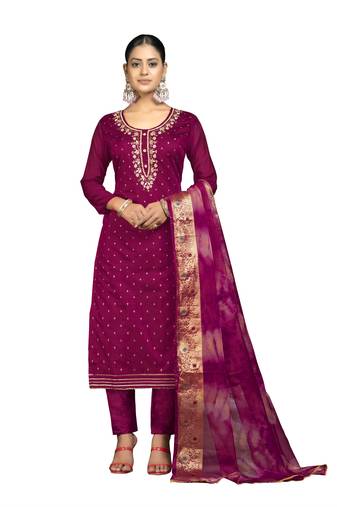 Women's magenta unstitched banarasi jari weaving work cotton jacquard dress material 