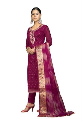 Women's magenta banarasi jari weaving work cotton jacquard dress material 2