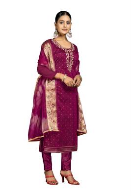 Women's magenta banarasi jari weaving work cotton jacquard dress material 4