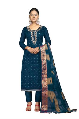 Women's teal blue unstitched banarasi jari weaving work cotton jacquard dress material 