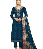 Women's teal blue banarasi jari weaving work cotton jacquard dress material