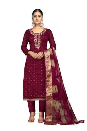 Women's maroon unstitched banarasi jari weaving work cotton jacquard dress material 
