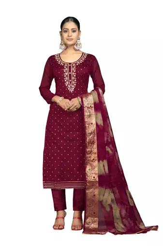 Women's maroon unstitched banarasi jari weaving work cotton jacquard dress material 