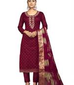 Women's maroon banarasi jari weaving work cotton jacquard dress material